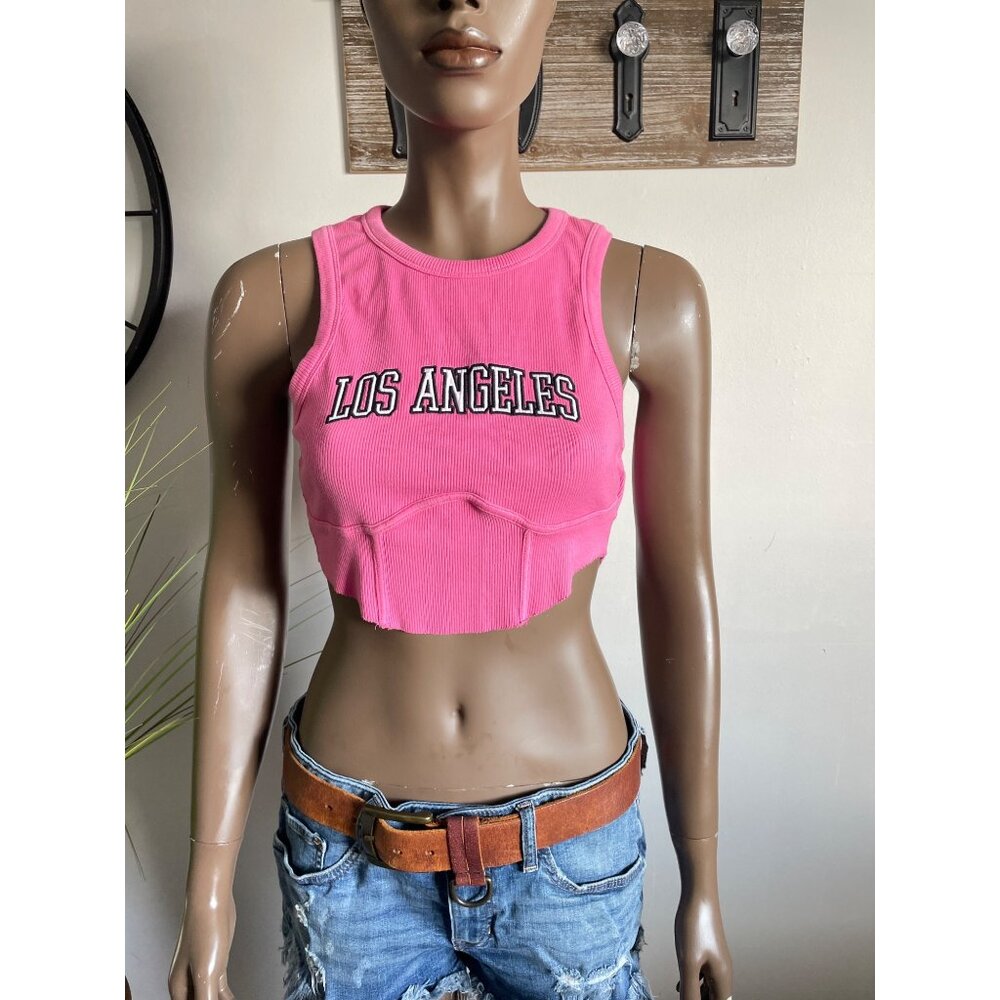 ZARA Womens Pink Ribbed Los Angeles Cropped Tank Top Size L